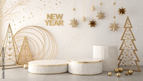Clean minimal New Year background, soft beige and gold palette, abstract shapes, modern aesthetic, copy space