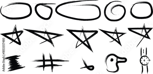 A collection of 13 unique symbolic markings and abstract shapes