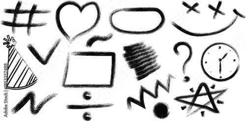 A collection of hand drawn symbols and emoticon characters