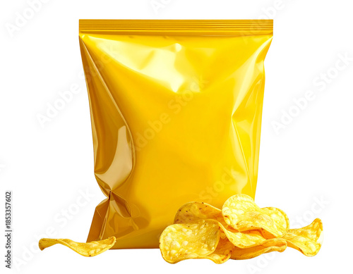 Bright Yellow Potato Chips Bag, Front View with Chips, Isolated on Transparent Background