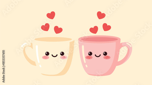 Cute cartoon coffee cups with hearts floating above, representing love and friendship, perfect for Valentine's Day or romantic themes.