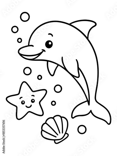 Playful Marine Trio: A cheerful cartoon dolphin, a smiling starfish, and a delicate seashell dance in a whimsical underwater scene. Capturing the pure joy and enchantment of the sea.