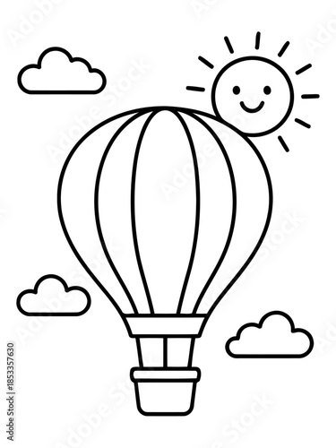 Hot Air Balloon Adventure: A whimsical illustration of a hot air balloon, floating gracefully in a sky filled with fluffy clouds and a cheerful sun.  