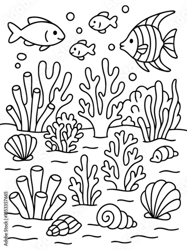 Ocean Coloring Page: A delightful illustration, inviting the viewer into an underwater world teeming with life, featuring playful fishes, intricate coral formations, and exquisite seashells.