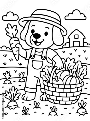 Dog Gardener's Bounty: A charming illustration depicts a dog happily tending a garden, proudly presenting a bountiful harvest of fresh vegetables.
