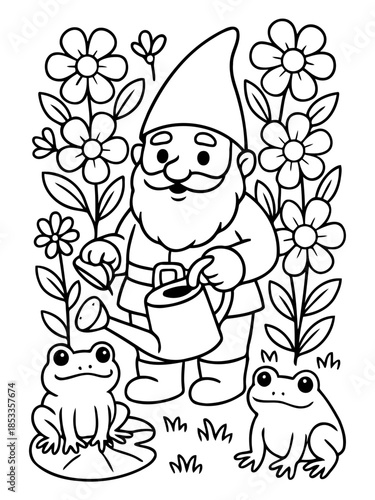 Whimsical Garden Scene: A charming garden gnome tends to his vibrant floral sanctuary, accompanied by friendly frog companions, creating a scene of tranquil and harmonious garden life.