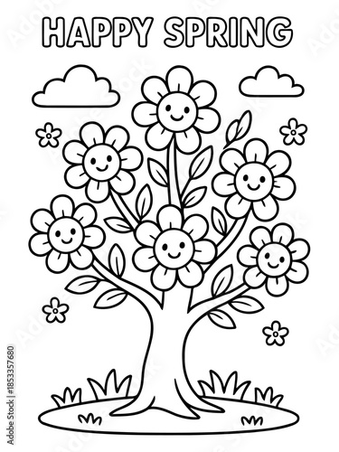 Happy Spring Bloom: A delightful illustration showcases a tree adorned with cheerful, smiling flowers, heralding the joy of spring. 