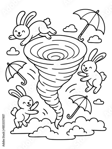 Whimsical Tornado Fun: Playful rabbits frolic around a swirling tornado, umbrellas gracefully floating amidst the clouds in a black and white illustration, creating a captivating scene.