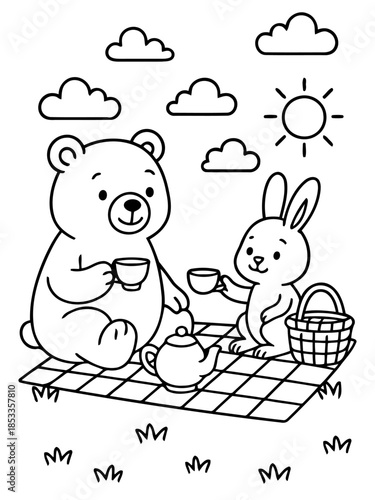 Friendship Picnic: Two adorable animal friends, a bear and a rabbit, are enjoying a delightful picnic, sharing tea amidst a sunny day. They showcase the simple joys of companionship and outdoor fun.