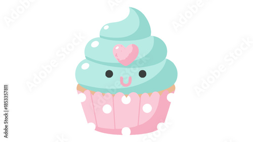 Cute cartoon cupcake illustration with pink wrapper and blue frosting, featuring a heart and happy face.