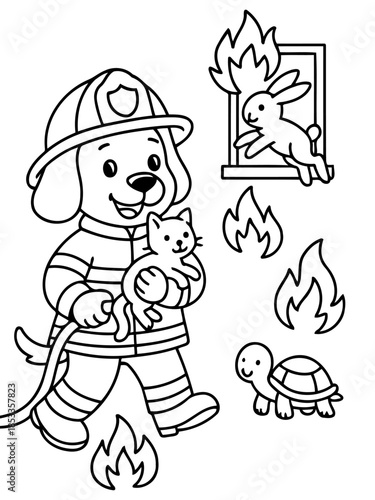 Dog Firefighter Saving Animals: A brave dog, donning a firefighter's helmet and uniform, fearlessly rescues a kitten from a fire.