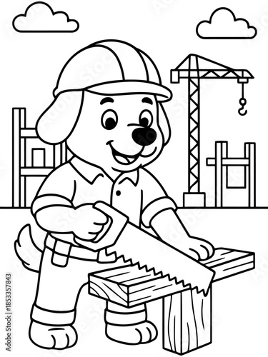 A Builder Pup at Work: A cute puppy, donning a hard hat, busily saws through wood at a construction site. This endearing illustration showcases the building trades with an element of child-like charm.