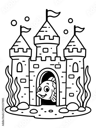 Underwater Kingdom: A whimsical black-and-white illustration captures an underwater castle with playful elements, inviting viewers into a world of imagination and childhood wonder.
