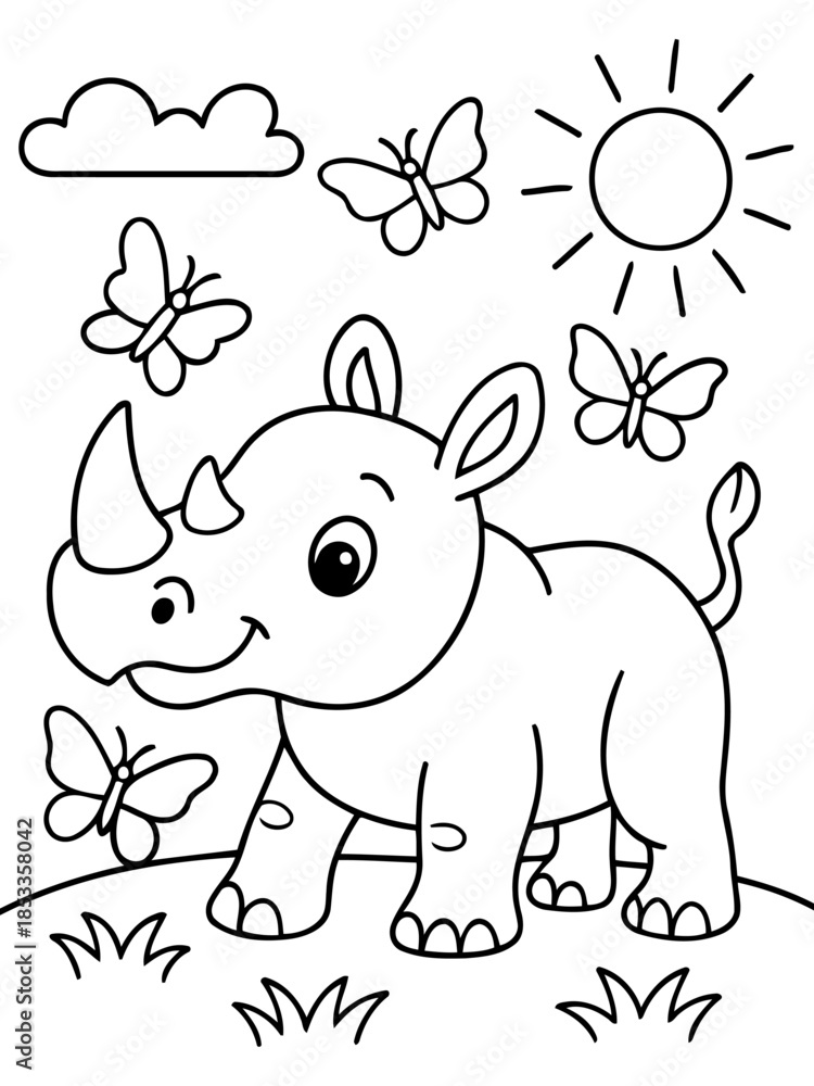 Naklejka premium Rhino with Butterflies: A cheerful illustration presents a charming rhino, accompanied by fluttering butterflies, a radiant sun, and fluffy clouds, bringing a sense of childlike wonder.