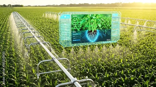 Modern agricultural irrigation system spraying water over a field of crops under a bright sunny sky