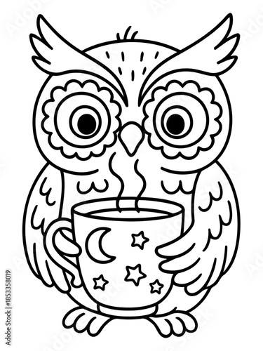 Cozy Owl with Mug: A whimsical illustration of a charming owl clutching a steaming mug of hot beverage, evoking a sense of warmth and comfort.