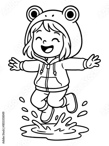 Playful Leap: Joyful girl leaps with glee. wearing a whimsical frog-themed outfit, creating splash in a puddle.