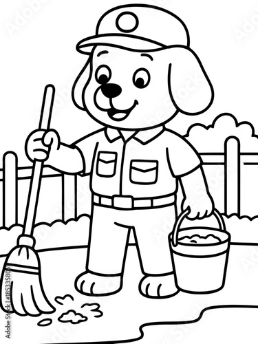 Dutiful Canine's Cleaning Day: A cheerful cartoon dog, dressed as a sanitation worker, diligently sweeps a patch of ground. Equipped with a broom and bucket, it's a scene of playful tidiness.