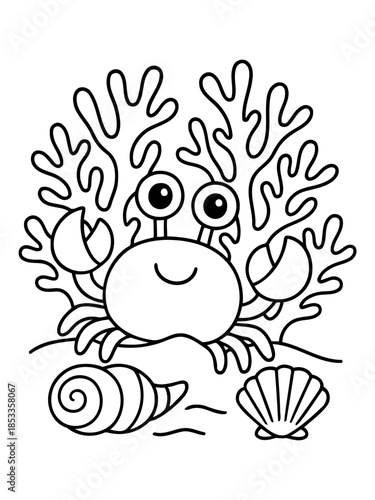 Cute crab in a coral and sea shells illustration:A cute crab with large eyes and a friendly smile is situated among coral, and seashells illustration representing a beautiful sea life environment.