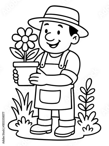 Gardener with Flower: A cheerful gardener, holding a potted flower, stands amidst lush greenery, a testament to nurturing and the beauty of nature. 