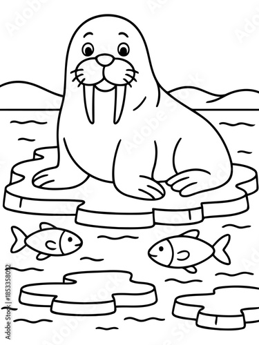 Cartoon Walrus on Ice Floe: A cheerful, line art portrayal of a walrus resting serenely on an ice floe with a few fish around. The image invites imagination and a sense of wonder.