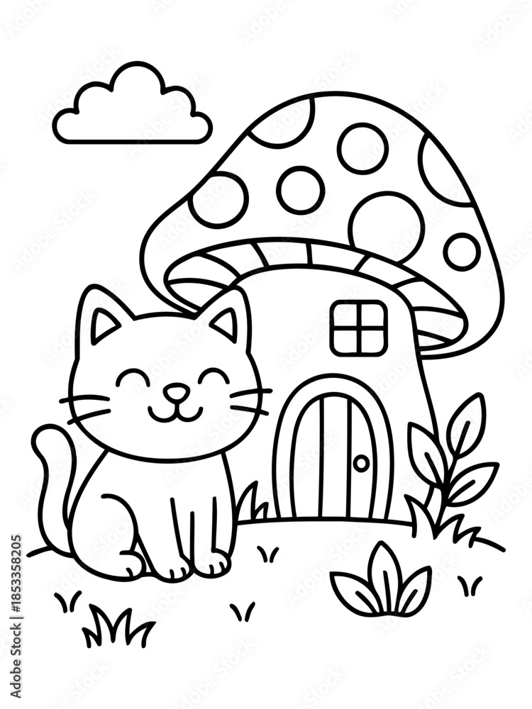 Fototapeta premium Cozy Cat's Abode: In a whimsical illustration, a cheerful cat rests contentedly beside a fantastical mushroom house, evoking a sense of childlike wonder and imaginative play.