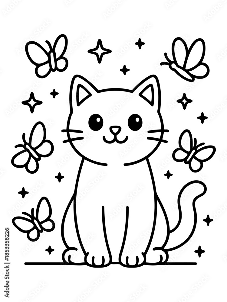 Obraz premium Cute Kitten and Butterflies Illustration: An adorable kitten sits surrounded by whimsical butterflies and twinkling stars, creating a charming and playful design perfect for any project.