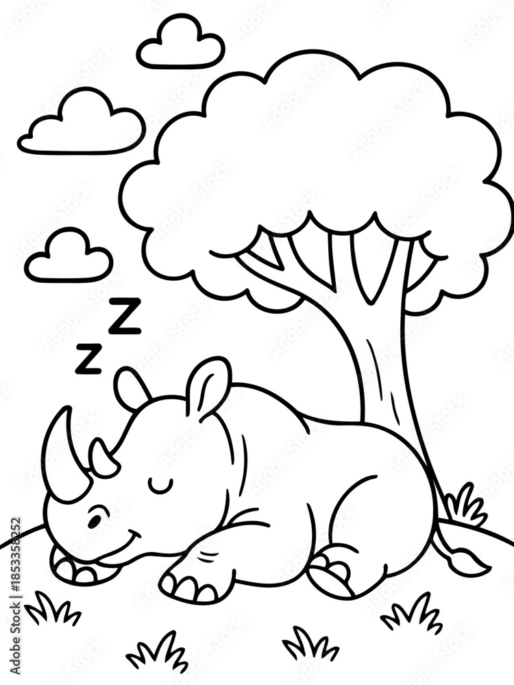 Fototapeta premium A Resting Rhino's Slumber: In a peaceful scene, a rhino enjoys a nap under the shade of a tree, with fluffy clouds above. This image creates a simple cartoon style.
