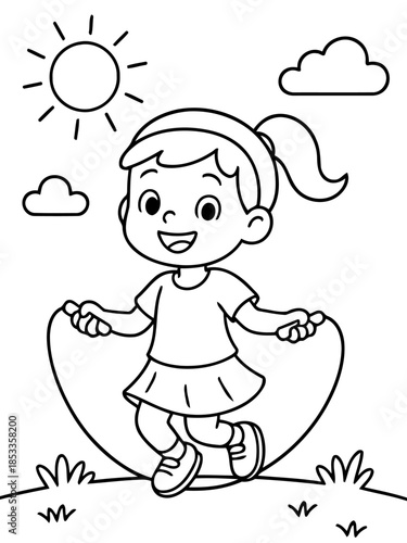 Playful Skipping: A joyful girl is absorbed in the playful activity of skipping rope, beneath the radiant sun, evoking a sense of innocent delight.