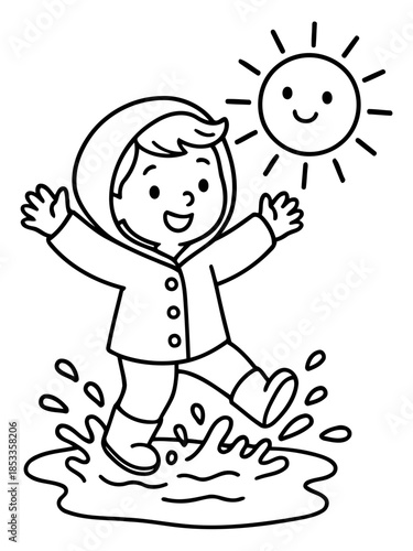 Joyful Puddle Play: A gleeful child bounds through a puddle, embraced by the radiant smile of the sun, celebrating the simple pleasures of the day.