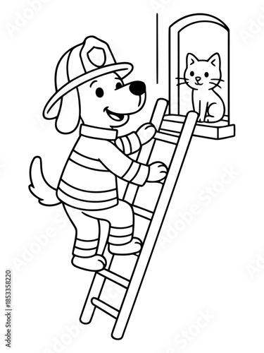 Firefighter Dog's Rescue Mission: A brave firefighter dog ascends a ladder to rescue a cat, embodying courage and compassion in a moment of service. 