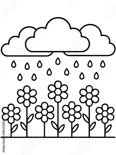 Floral Downpour: Rain gently falls upon a vibrant garden of flowers. The scene captures the beauty of nature's nourishment, illustrating the vital cycle of growth and renewal. 