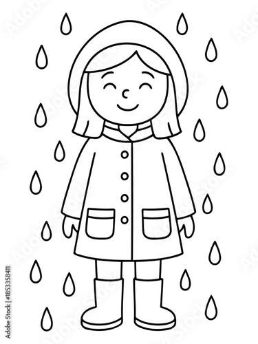 Joyful Rainy Day: A cartoon illustration captures a cheerful child fully embracing a rainy day, depicted with a raincoat, wellington boots, and smiling with raindrops all around.