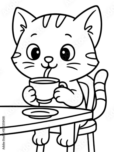 Cute cat sipping from cup: An adorable illustration of a charming cat sits at a table and uses a straw to sip the beverage