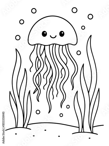 Underwater Wonder: An endearing, cartoon-style depiction of a jellyfish gracefully floating amidst aquatic plants.