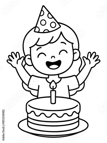 Joyful Birthday Celebration: An excited individual with a party hat smiles widely, celebrating their birthday in pure bliss with a delicious cake and a candle.