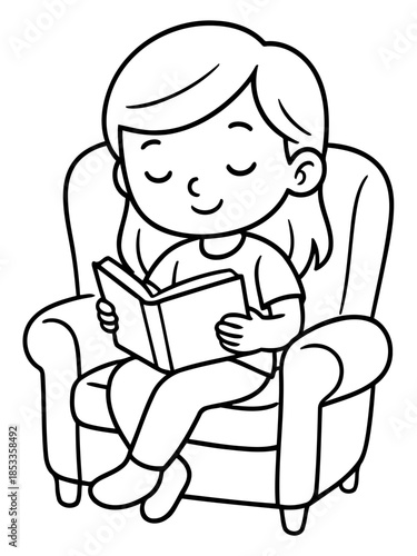 Reading Serenity: A young girl, lost in the pages of a captivating book, finds solace and escape as she sits comfortably in an armchair. A monochrome illustration, evoking peace, imagination.