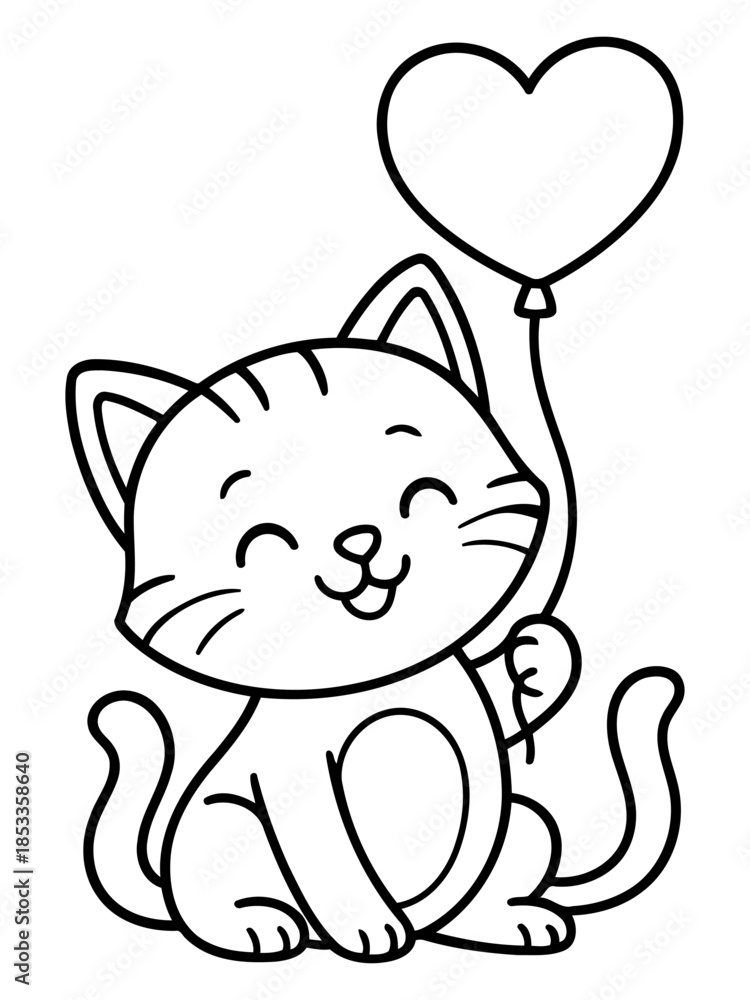Fototapeta premium Smiling Kitty's Heartfelt Gift: A joyful kitten with a heartwarming grin gently clutches a floating heart-shaped balloon, symbolizing love and affection.
