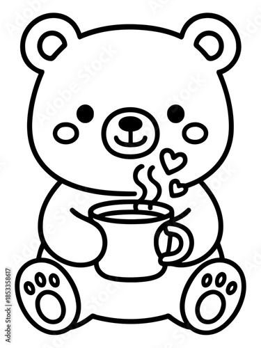 Sweet Bear with Coffee: An adorable bear, clutching a steaming cup of coffee and surrounded by floating hearts, exuding warmth and affection in a cozy illustration.