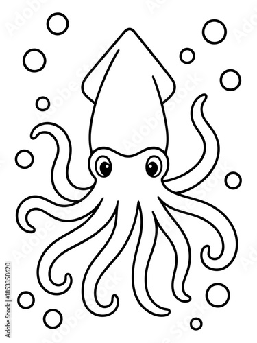 Inkling of the Depths: A monochrome squid floats serenely, surrounded by a gentle ballet of bubbles in a simple yet charming artistic representation.