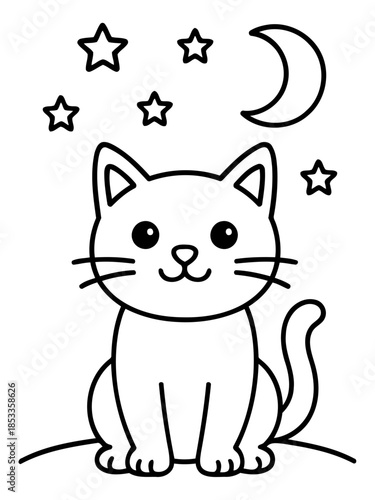 Cute Cat Under the Stars: A charming illustration depicts a sweet cat gazing at the night sky. With a crescent moon and twinkling stars. a scene of peace and serenity.