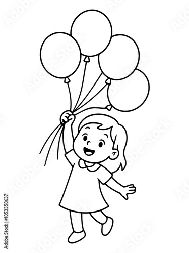 Joyful Ascent: A young girl's unbound joy as she lifts a collection of balloons, exuding pure delight and youthful exuberance. 
