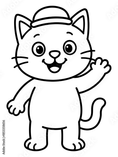 Friendly Feline Greeting: An endearing cartoon cat, donning a stylish hat, waves cheerfully, radiating positivity and lightheartedness.