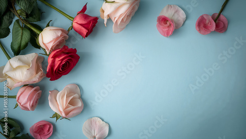 俯瞰で見せる青背景のバラ花背景 明るく清楚な印象のフラワー素材.生成AI