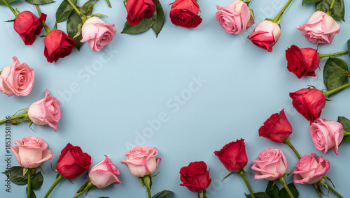 バラの花を青背景に配置した上品な花背景 女性向けキャンペーンに合う.生成AI