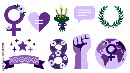 Women’s Day Feminism Symbols Collection in Flat Illustration Style