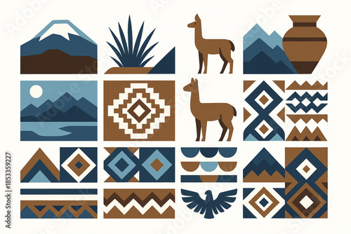 Ecuador Andean Highlands Icon with Chimborazo, Páramo Grass, Vicuña, Alpaca, Mountain Lake, Textile Motif, Clay Pot and Condor