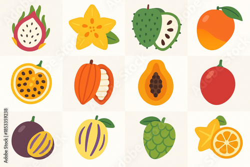 Ecuador Tropical Fruit Icon with Pitahaya, Babaco, Guanábana, Mango, Maracuyá, Cacao, Papaya, Tamarillo and Chirimoya