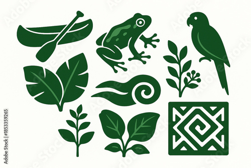 Ecuadorian Amazon Icon Set with Canoe, Poison Frog, Jungle Leaves, Parrot, River, Medicinal Plant and Tribal Pattern in Vector