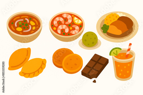 Ecuadorian Gastronomy Icon Set with Encebollado, Ceviche, Bolón de Verde, Hornado, Empanadas, Llapingachos, Chocolate and Tropical Juice in Vector